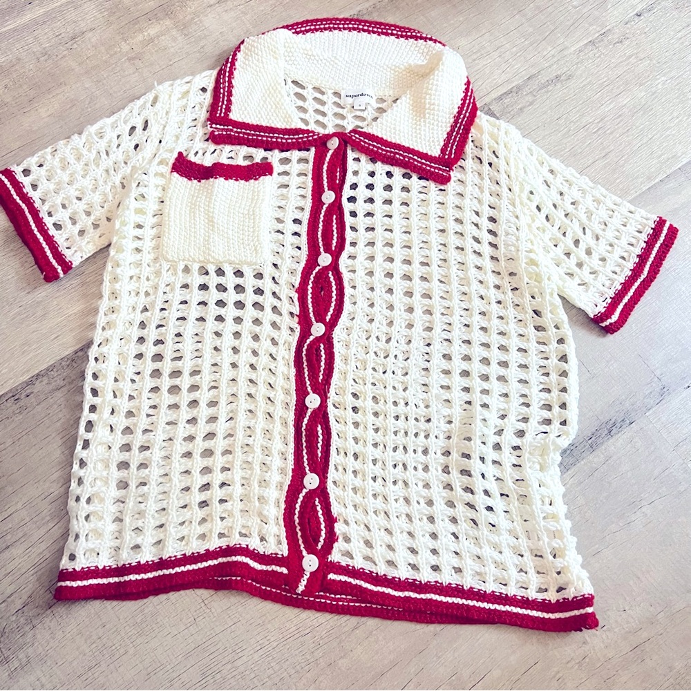 Superdown Revolve Bronwin Crochet Button Top Red … - image 5